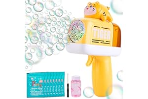 Sundaymot Pistola Burbujas de 10 Agujeros, con Luz LED, Recarga de Burbujas, para Juegos Exterior Niños, Cumpleaños, Fiestas al Aire Libre Bodas
