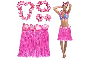 Toyhood 5Pcs Hawaiian Hula Grass Skirt Set, Hawaiian Fancy Dress Grass Skirts with Flowers Garlands Bracelet Headband Necklace Colorful Set, Tropical Luau Party Decorations, for Summer Beach Party