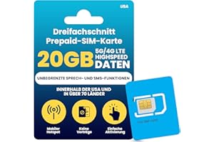 JZN MARKET H2O Wireless 30-Tage Prepaid-SIM-Karte USA mit 20 GB Highspeed-4G-LTE/5G-Daten und 5 GB mobilem Hotspot, unbegrenzte Daten, Internationale Gespräche und SMS, dreifach geschnittene US-Mobil-SIM-Karte