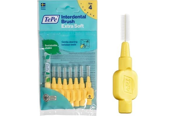 Brossettes Interdentaires TePe, Extra Souples, Jaune, 0.7mm/ISO 4, 8pcs, élimine efficacement la plaque dentaire entre les dents, pour espaces intermédiaires