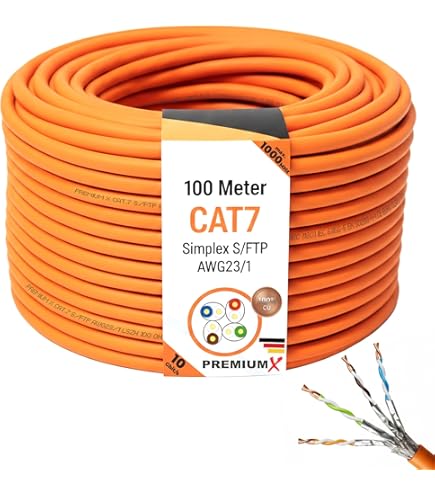 LW Electronic Installatiekabel Cat7A-kabel, netwerkkabel 100 m Gigabit halogeenvrij POE BauPVO afscherming netwerkkabel S/FTP PIMF 1200 MHz 4x2xAWG23 LSZH bekabeling LAN-kabel, datakabel, oranje, onbewerkte kabel