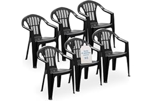 Tomaino - Sedie Da Giardino In Plastica - Set 6 Sedie Plastica Impilabili Con Braccioli - Sedia Giardino Per Esterno, Campeggio o Bar - Nero