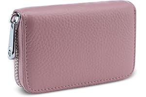 Meowoo Portfel na karty kredytowe, blokada RFID, prawdziwa skóra, mini portfel na karty kredytowe, torebka z zamkiem błyskawicznym, dla kobiet, mężczyzn, różowy