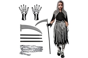 HELIMWINT Costume Da Morte Per Bambina: Costume Di Halloween Per Bambini Ragazza Tristo Mietitore - Costume Di Carnevale Con Falce Catena Guanti Calzini Per Festa In Maschera