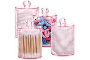 Tbestmax 4 pcs Qtips Holder Bathroom Container, 10 OZ Apothecary Jar, Pink Cotton Ball/Swabs Dispenser Organizer for Storage