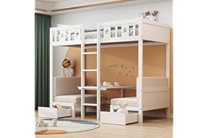 ‎JOVIFY Platzsparendes Etagenbett für Kinder, Hochbett mit Flexibler Tisch und Holzsofa, Kinderbett mit Treppe und 2 Schubladen, 90x200cm Funktionsbett Stockbett Hochbett Jugendhochbett, Weiß, Ohne Matratze