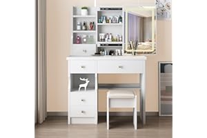 Zeaper Dressing Table with Lighting, Dressing Table with Mirror and Stool - 3 Colour Modes, 5 x Drawers, Modern Bedroom Make-Up Desk, White