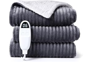 CAROMIO Heizdecke mit Abschaltautomatik 6 Heizstufen Elektrische Wärmedecke Heizdecke 180x130cm, Beheizbare Heizdecke Kuscheldecke mit Überhitzungsschutz,Washbar,Streifen Sherpa Heizdecke