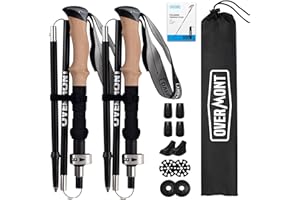 Overmont Kijki trekkingowe, składane, z włókna węglowego, ultralekkie, regulowane 105-125 cm, kijki trekkingowe do Nordic Walking, 1 para z akcesoriami terenowymi, czarne