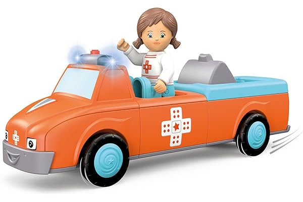 Toddys by siku 0145, Anna Amby, Ambulance composée de 3 pièces avec Son et Lumière, Peut être assemblée, Comprend une figurine mobile, Moteur à volant de haute qualité, Orange/bleu cile, dès 12 mois