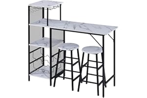 Rainbow Tree 3Pcs Bar Table and Stools Set, Kitchen Breakfast Bar Table and Chairs Set 2 with Cup Holder and Wine Rack, Bar Table Sets Furniture for Kitchen, Dining Room, Pub, Cafe, (White Marble)