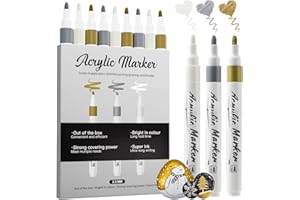 JNYAN Pennarelli Acrilici, confezione da 9 Pennarelli Acrilici, Punta Media 2-3mm, Pennarelli di Colore Bianco, Oro, Argento per Progetti Artistici, Disegno, Pittura su Roccia, Legno, Plastica, Metallo