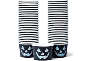 CONFETTIVILLE Paper Ice Cream Cups, 50-Count 250ml Disposable Dessert Bowls for Hot or Cold Food, 250ml Halloween Party Supplies Treat Cups, Jack-O'-Lantern, Black and Silver