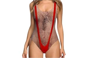 Ewleguzka Women Funny Swimsuit Hairy Body Chest Printed Hippie Swimsuits Bathing Suit One Pieces Swimwear Monokini Funny Novelty Fake Muscles Beachwear Borat Swimsuit