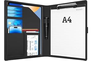WIKSITE Conference Folder A4 Business Document Padfolio, Multifunctional Business Leather Document Clip Board Personal Organiser Folder with Clipboard, File Sleeve, Card Holder, Pockets for Office Work-Black