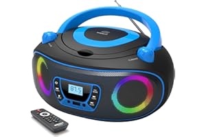 WIITHINK Portable CD Player with FM Radio, Bluetooth CD Boombox, USB, AUX Input, Headphone Jack, Colorful Light, Remote Control, Mains or Battery Powered
