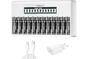 Palogreen 12 Pezzi 3400mWh Batterie AA Litio Ricaricabili con Caricabatterie - 12 Slot Intelligente LCD Caricabatterie Con cavo di ricarica rapida USB Typ-C per Pile AA AAA 1.5V