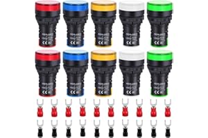 Xiatiaosann 10 Pcs 110V-220V 22mm Energy Saving LED Indicator Light 20mA 5 Color (Red/Bule/Green/White/Yellow) AD16-22DS Signal Lamp Panel Indicator for DIY with 20 Pcs Fork Terminal