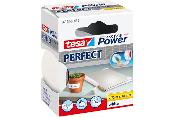 tesa extra Power Perfect - Ruban Adhésif Toilé - Ruban de Réparation pour Artisanat, Fixation, Renforcement et Étiquetage - Blanc - 2,75 m x 38 mm