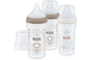 NUK Set biberon Perfect Match | 3+ mesi | Si adatta al palato del bambino | Controllo temperatura | Sfiato anti-colica | 260 ml | Senza BPA | Tettarella media in silicone | Arcobaleno e cuori | 3 pz