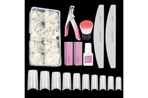 Uñas Postizas Francesa, Venares 500 Piezas Ovales Natural Francé Puntas de Uñas Postizas con 10G Pegamento Uñas, Limas de Uñas 100/180, Bloque de Lima para Uñas 120, Cepillo de Uñas