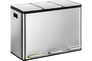 Hzuaneri Mülleimer Küche, Mülltrennsystem 3 Fächer 45L (3 x 15 L), Edelstahl-küchenmülleimer, Tretmülleimer mit Farbcodierbaren Pedalen, Abfalleimer Ruhiger Langsamer Abstieg, Silber SW04599E