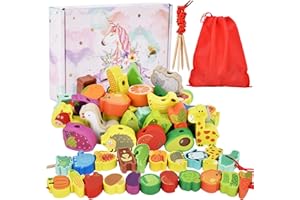 DealKits Jouet Montessori à partir de 2 Ans - 42 pièces Jeu d'enfilage de Perles en Bois - Jouet pédagogique en Bois (Animaux, Fruits, légumes) - pour Enfants de 1 à 4 Ans