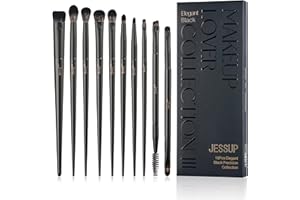 Jessup Set de Brochas de Maquillaje Ojos Profesional,Brocha Sombra de Ojos 10 Piezas Pinceles Maquillaje Ojos para Sombra de Ojos, Delineador,Pliegues,Brocha para Cejas Dos Puntas, Negro T337