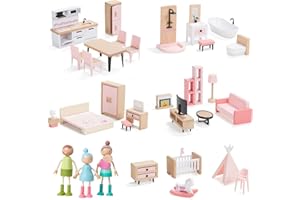 Giant bean Kit de Meubles de Maison de Poupée en Bois, 36 Meubles avec Accessoires de Maison de Poupée, Jeux de Simulation pour Garçons, Filles et Tout-Petits 3 Ans +