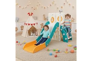 MAMIZO Toboggan Bebe, Toboggans Exterieur/Interieur Enfant, 4 en 1 Toboggan Autoportant, avec Télescope, Espace de Rangement, Escaliers, Glisse 136cm,Jusqu'à 60 kg, Vert et Jaune, Module 2PCS