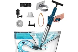 NewFree Toilet Plunger Green, High Pressure Plunger Kit with Real-Time Barometer, Stainless Steel Air Drain Blaster Gun with 4 Replaceable Heads and 3 Hair Cleaner, for Sink/Floor Drain/Pipe Clog