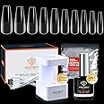 MODELONES Nail Tips and Glue Gel Kit, Gel x Nail Kit 15ML 4 In 1 Nail Glue Gel with 500Pcs Half Matte Coffin Nails and U V LED Nail Lamp Fast Nail Extension Set, Transparent, 7 ml