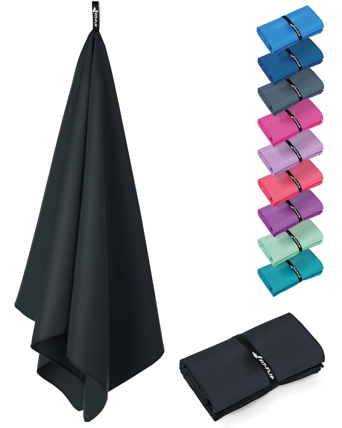Fit-Flip Microvezel handdoeken - compact, ultralicht & sneldrogend - de perfecte sporthanddoek, strandlaken en reishanddoek (1x 50x30cm, Onyx Black) | diepzwart, 30 x 50 cm, compacte en ultralichte fitnesshanddoek, ideaal voor zwembad, reizen en sport
