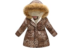 Qiraoxy Girls Winter Coat Fur Collar Hooded Jacket Leopard Print Windproof Warm Jacket Long Sleeve Long Padded Overcoat Children Hooded Cotton Parka Coat