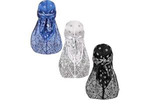 DINPREY Assorted Paisley Bandana Doo rag Cap Headwraps Men's Women's Silk Durag with Long Tail and Wide Straps for 360 Waves