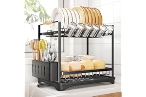 SAYZH Scolapiatti a 2 livelli, Scolapiatti da Appoggio per Lavello con Drenaggio, Grande capacità Scolapiatti con porta utensili e vassoio antigoccia, nero