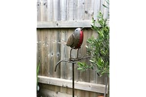 BURGESS HOME & GARDEN Robin on Stick | Metal Tin British Garden Bird Animal Statue Ornament Figure