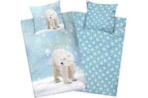 ‎AMINATA KIDS Aminata kids Biber Bettwäsche 135x200 Eisbär Flanell Baumwolle mit Reißverschluss - Kinder & Erwachsene - weiß blau - Tier-Motiv - Schneeflocken - Eisbärbettwäsche Winter-Tiere