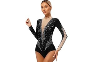 Vxuxlje Justaucorps Gymnastique Femme Body Danse Ballet à Strass Manches Longues Brillant Bodysuit Patinage Artistique Compétition Combinaison Gym Sport Yoga S-XXL