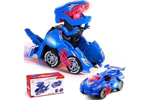 Yellcetoy Dinosaurier Transform Auto, Transformator Dino Spielzeug mit Musik und Licht Automatische Transforming Dinosaur Car für 3 4 5 6 7 Jahre Jungen Blau