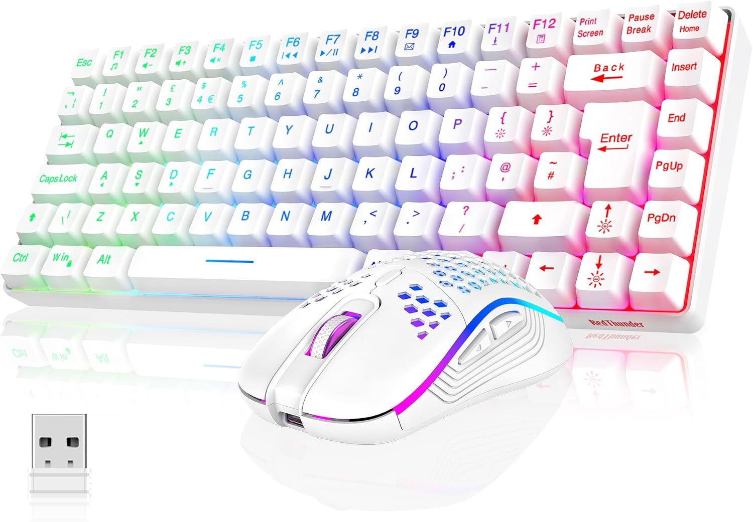 RedThunder K84 75% Wireless Gaming Keyboard and Mouse Rainbow Backlight UK Layout 85 Keys TKL Ultra Compact Mini Design Lightweight Honeycomb Gaming Mouse for PC Mac PS5 Xbox Office Gamers (White)