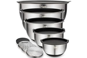 Rührschüsseln 5er-Set, Wildone Edelstahl mit luftdichten Deckeln, 3 Reibenaufsätzen, Messmarken und rutschfesten Böden, Größe 5, 3, 2, 1,5, 0,63 QT, ideal zum Mischen und Servieren