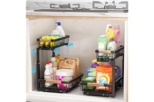 Hykiee Organizer Sottolavello Cucina Metallo Set di 2, Regolabile in Altezza Sotto Lavello Cucina Organizer con 2 Cassetti Scorrevoli per Bagno portaoggetti, Accessori Utensili, Controsoffitto, Mobile