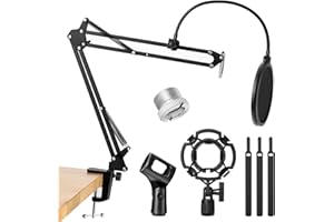Fansjoy Microphone Stand Mic Boom Arm, Microphone Stand Desk Mount with Shock Mount Pop Filter Mic Clip Screw Adapter Cable Ties, Compatible with Blue Yeti Snowball Hyper X QuadCast and other Mics