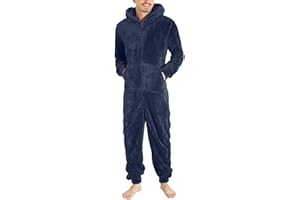 DUHENWU Overall Herren Winter Warm Jumpsuit Flauschig Schlafanzug Teddy Fleece Einteiler Onesie Kuschelig Weich Ganzkörperanzug Lang Einfarbig Hausanzug Mit Kapuze Plüsch Trainingsanzug