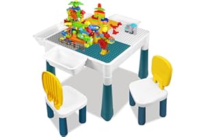 UISEBRT Kindertisch mit 2 Stühle Spieltisch mit 163 Stück Bausteine Multifunktionaler Aktivitätstisch Set für Kinder Baustein Tisch Stuhl Set Basteltisch für Kinderzimmer und Kindergarten