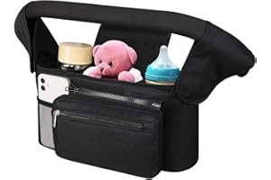 Hranio Pram Bag Pram Organiser Bag With Cup Holder for Pram Accessories Pushchair Organiser Baby Essentials, Large Capacity, with Shoulder Strap&Non-Slip Secure Hooks, 3 Insulated Cup Holder