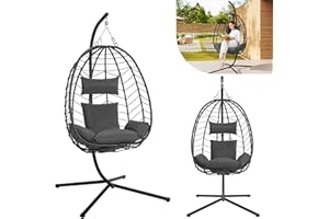 Laneetal Silla Colgante, Silla Huevo con Soporte, Columpio con Cojín y Reposacabezas, Carga 150 kg, PE Aspecto Ratán, Estructura de Metal, para Jardín Patio Terraza 102x100x196 cm, Gris Oscuro