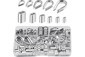 HQdeal Lot de 250 dés à Coudre pour câble métallique, 6 Tailles de Manchons en Aluminium, Clips à Double Baril et Embouts de 5 Tailles pour câble métallique, Assortiment de dés à Coudre