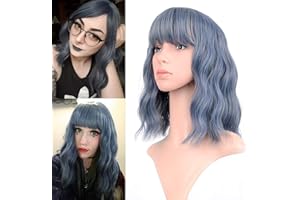 FAELBATY Perruques bleues avec frange d'air longueur d'épaule perruque courte vague pour les femmes bouclés ondulés perruque synthétique cosplay perruques de déguisement d'halloween (12" bleu foncé)